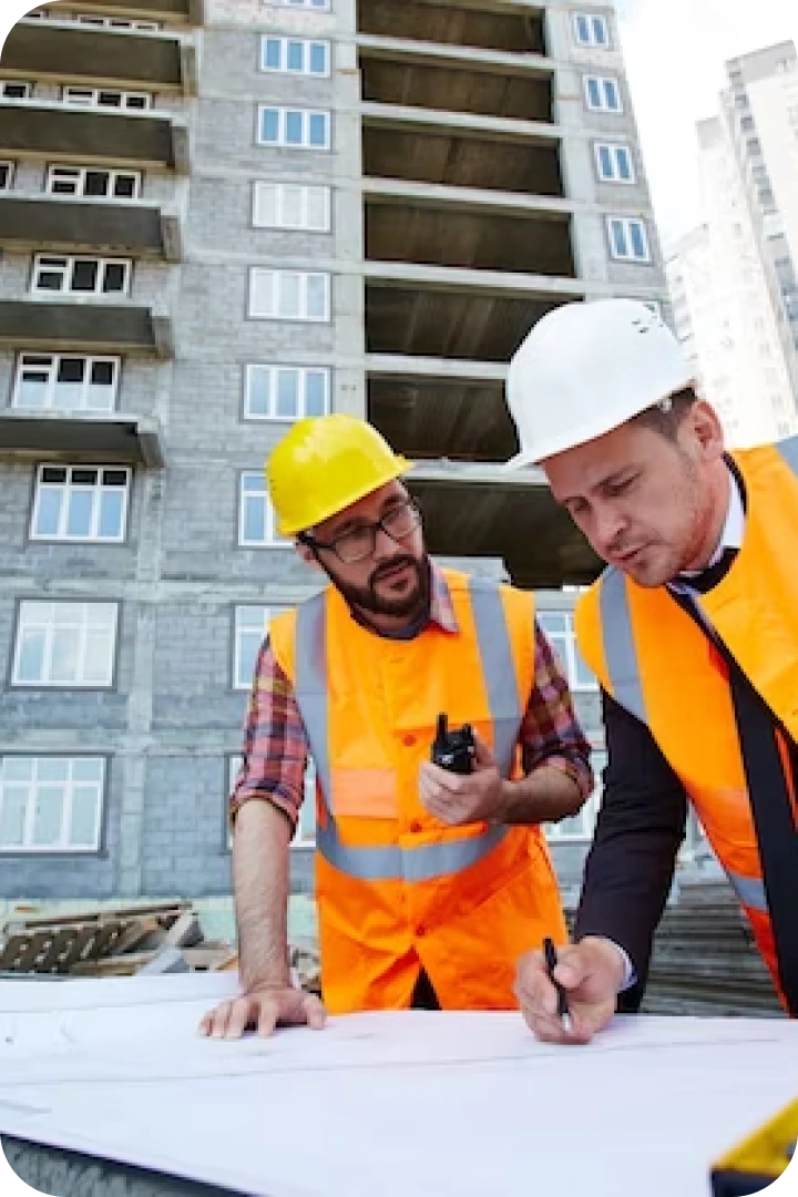 Dos ingenieros o capataces con cascos de seguridad y chalecos reflectantes, revisando planos en una obra de construcción con un edificio en proceso al fondo.