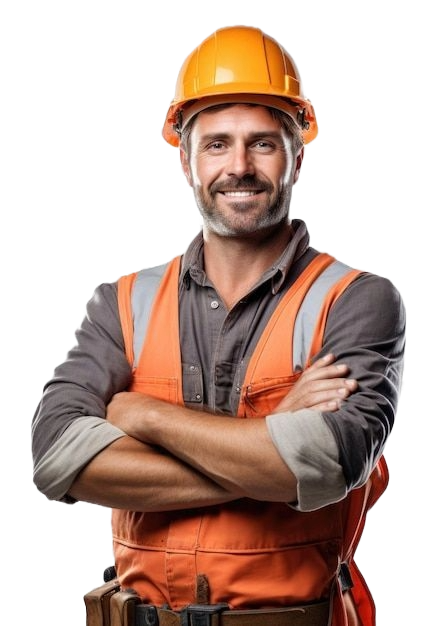 Mujer trabajadora de la construcción con casco, gafas de seguridad y herramientas, sonriendo.